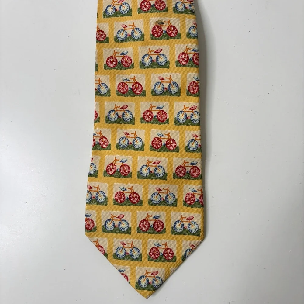 VTG Banana Republic Necktie Bicycle Print Yellow 100% Silk Made in Italy Novelty